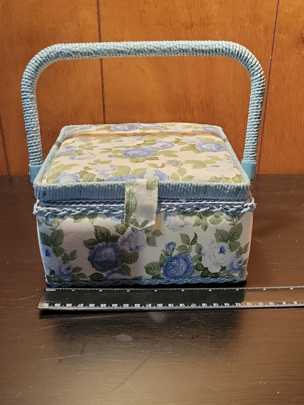 Blue Floral Sewing Basket with Woven Handle